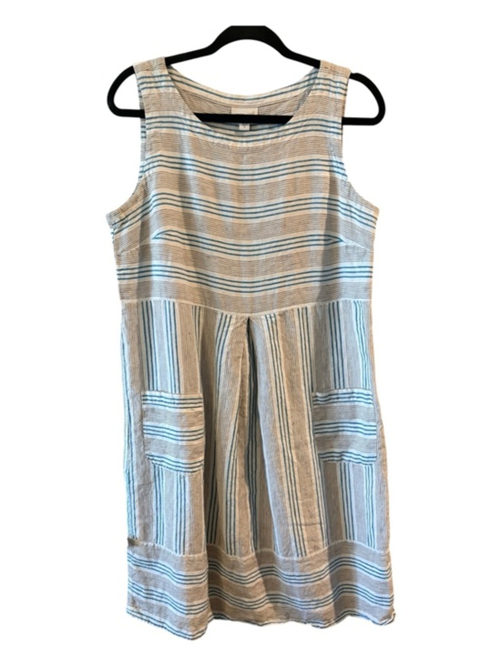 J. Jill Love Linen  Striped Sleeveless Midi Dress Blue Tan Pockets Medium